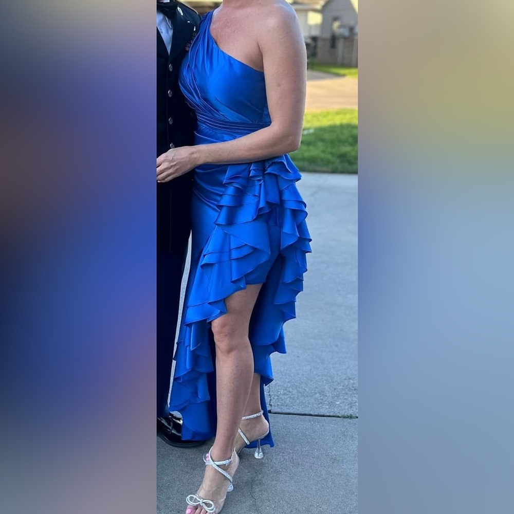 Mac Duggal One-Shoulder Blue Ruffled Dress